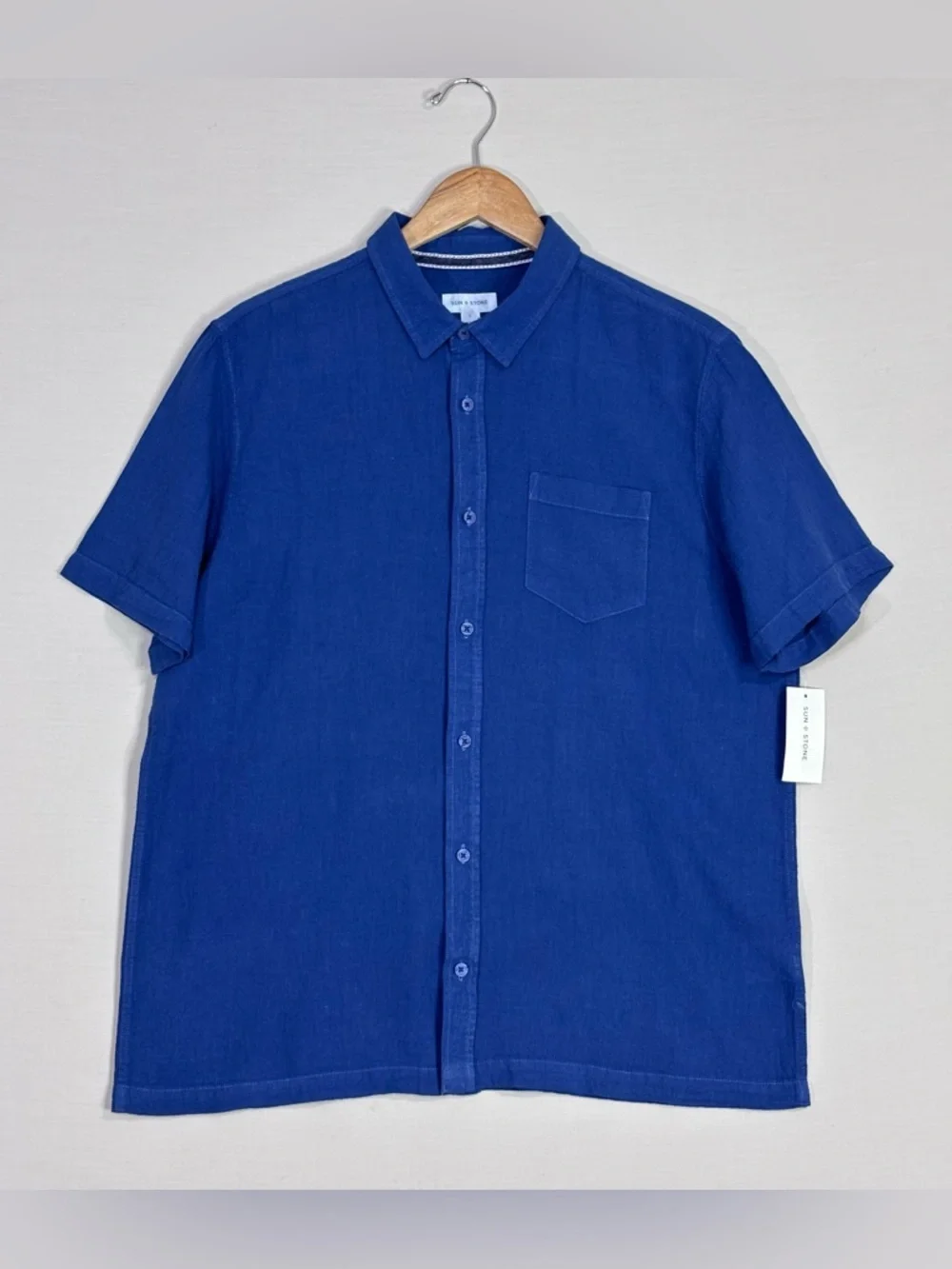 Sun Stone Linen Blend Button Shirt Blue Short Sleeve Pocket Mens Large